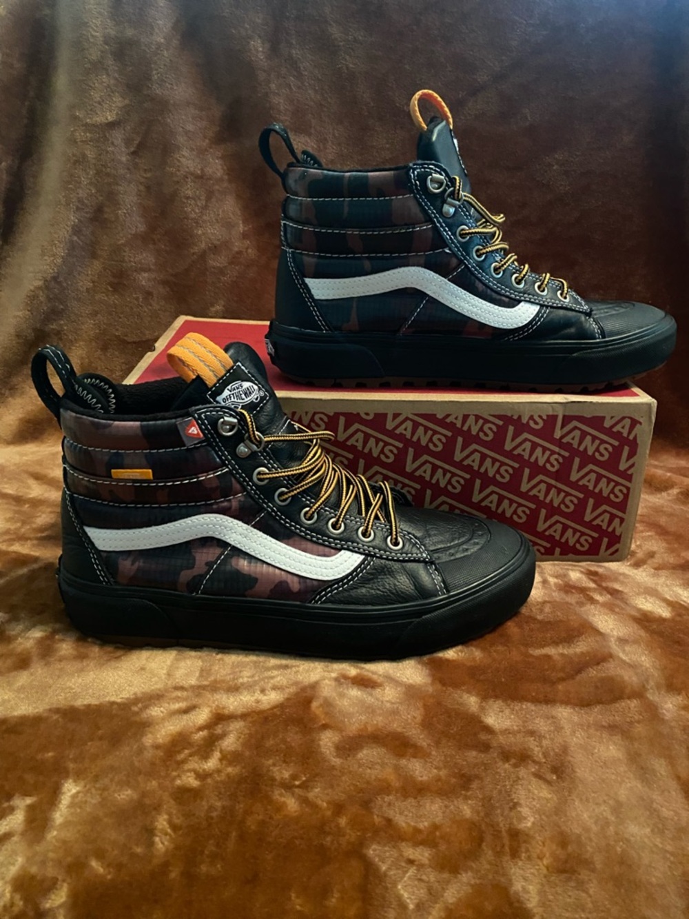 Vans High-Top Camouflage Sneakers in Black, Orange, White - Picture 9 of 11